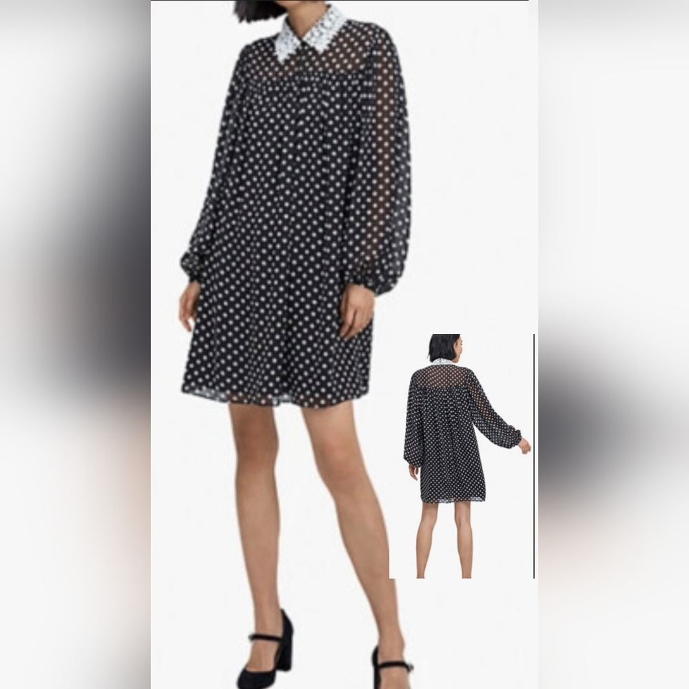 Kate Spade New York Domino Dot Swing Retro Dress Black White XXS Boho Chiffon